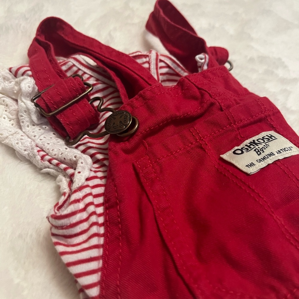OshKosh B'gosh Red Corduroy Overalls with Striped Detail